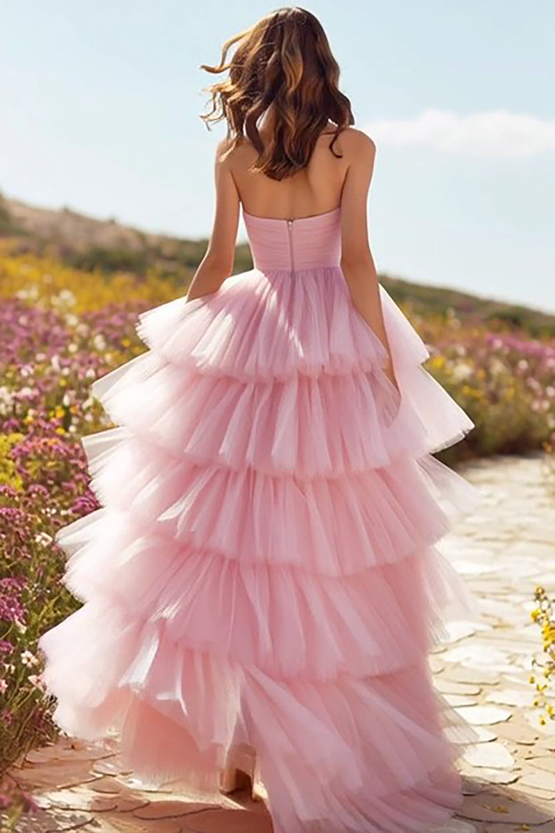 Load image into Gallery viewer, Pink Tulle Ruffled Long Prom Dress with Slit