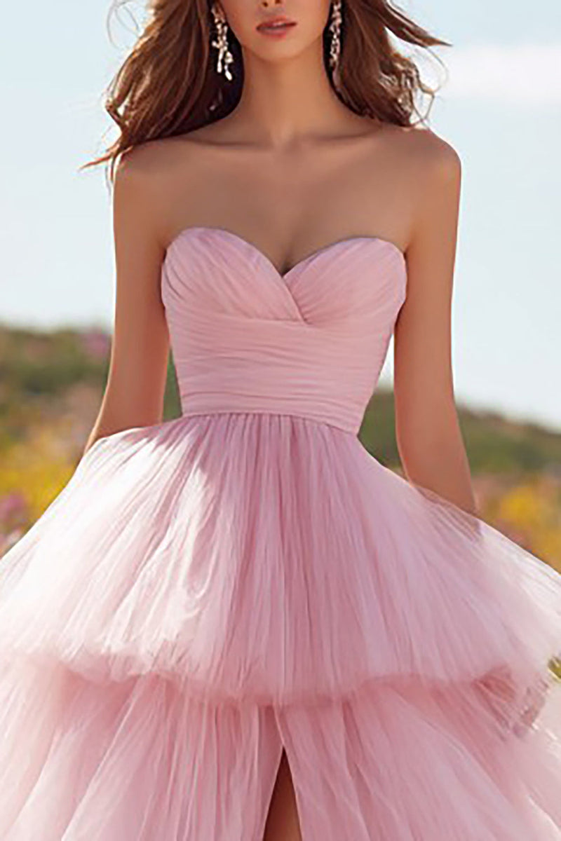 Load image into Gallery viewer, Pink Tulle Ruffled Long Prom Dress with Slit