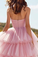 Load image into Gallery viewer, Pink Tulle Ruffled Long Prom Dress with Slit