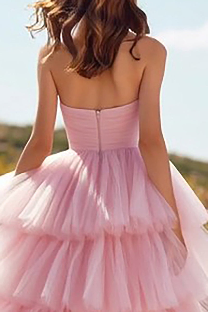 Load image into Gallery viewer, Pink Tulle Ruffled Long Prom Dress with Slit
