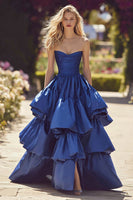 Load image into Gallery viewer, Dark Blue Strapless Ruffled Long Prom Dress with Slit