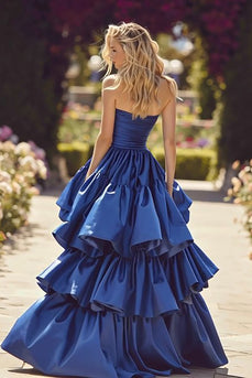 Dark Blue Strapless Ruffled Long Prom Dress with Slit
