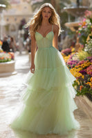 Load image into Gallery viewer, Light Green Tulle Tiered Corset Long Prom Dress with Ruffles