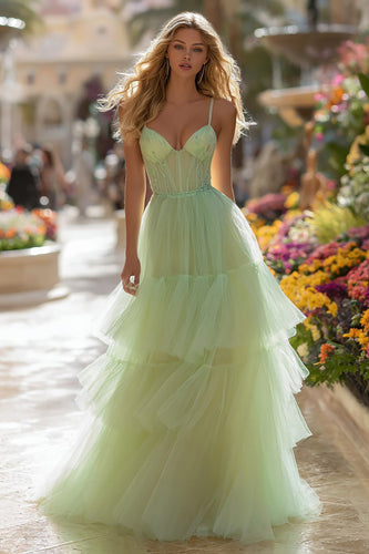 Light Green Tulle Tiered Corset Long Prom Dress with Ruffles