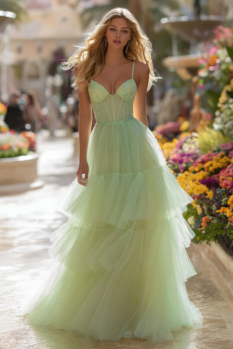 Load image into Gallery viewer, Light Green Tulle Tiered Corset Long Prom Dress with Ruffles