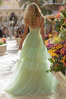 Light Green Tulle Tiered Corset Long Prom Dress with Ruffles