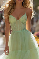 Load image into Gallery viewer, Light Green Tulle Tiered Corset Long Prom Dress with Ruffles
