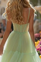 Load image into Gallery viewer, Light Green Tulle Tiered Corset Long Prom Dress with Ruffles