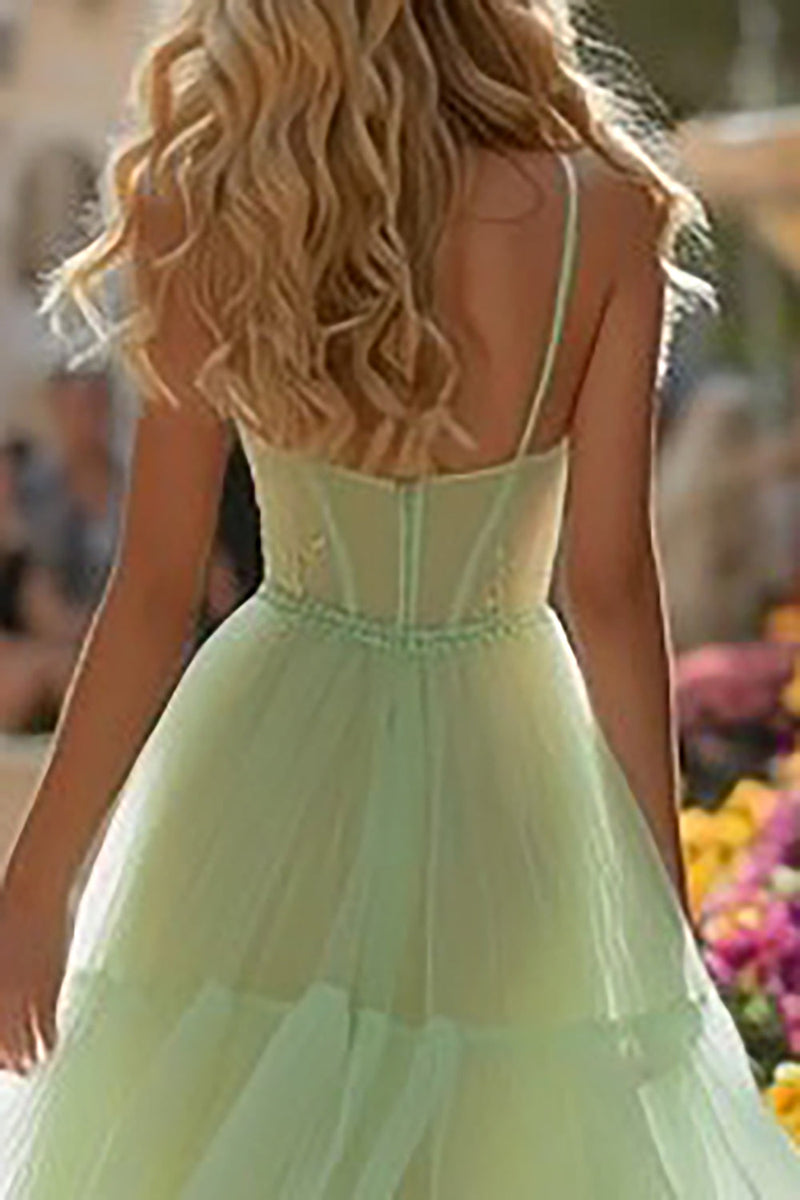 Load image into Gallery viewer, Light Green Tulle Tiered Corset Long Prom Dress with Ruffles