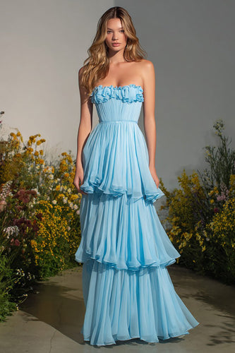 Sky Blue Tiered Strapless Long Prom Dress with Ruffles