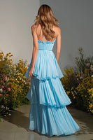 Load image into Gallery viewer, Sky Blue Tiered Strapless Long Prom Dress with Ruffles