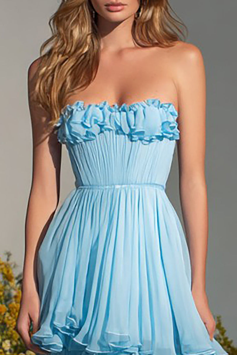 Load image into Gallery viewer, Sky Blue Tiered Strapless Long Prom Dress with Ruffles