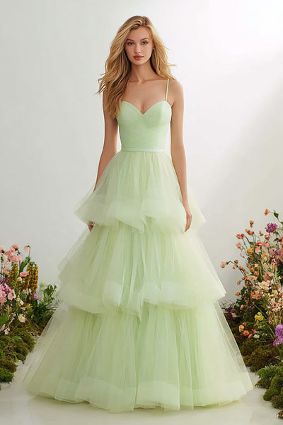 Light Green Ruffled A Line Long Prom Dress