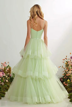 Light Green Ruffled A Line Long Prom Dress