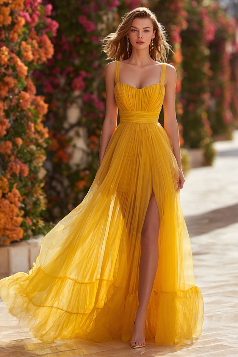 Load image into Gallery viewer, Yellow Pleated Long A-Line Prom Dress with Slit