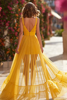 Yellow Pleated Long A-Line Prom Dress with Slit