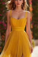 Load image into Gallery viewer, Yellow Pleated Long A-Line Prom Dress with Slit