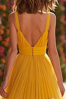 Load image into Gallery viewer, Yellow Pleated Long A-Line Prom Dress with Slit