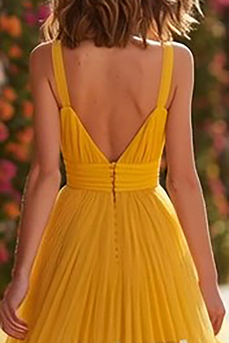 Load image into Gallery viewer, Yellow Pleated Long A-Line Prom Dress with Slit