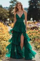 Load image into Gallery viewer, Sparkly Dark Green Ruffled Long Prom Dress with Slit
