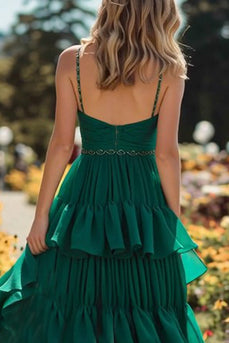 Sparkly Dark Green Ruffled Long Prom Dress with Slit