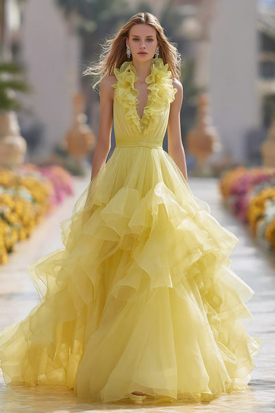Light Yellow Long Tiered Prom Dress with Ruffles