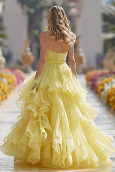 Light Yellow Long Tiered Prom Dress with Ruffles