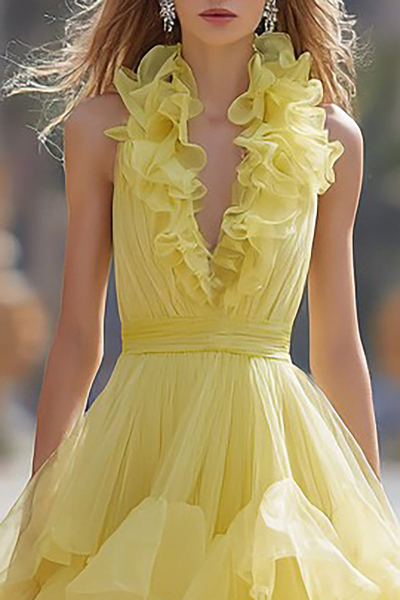 Load image into Gallery viewer, Light Yellow Long Tiered Prom Dress with Ruffles