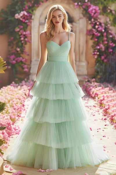 Mint Green Princess Tiered Pleated Long Ruffled Prom Dress