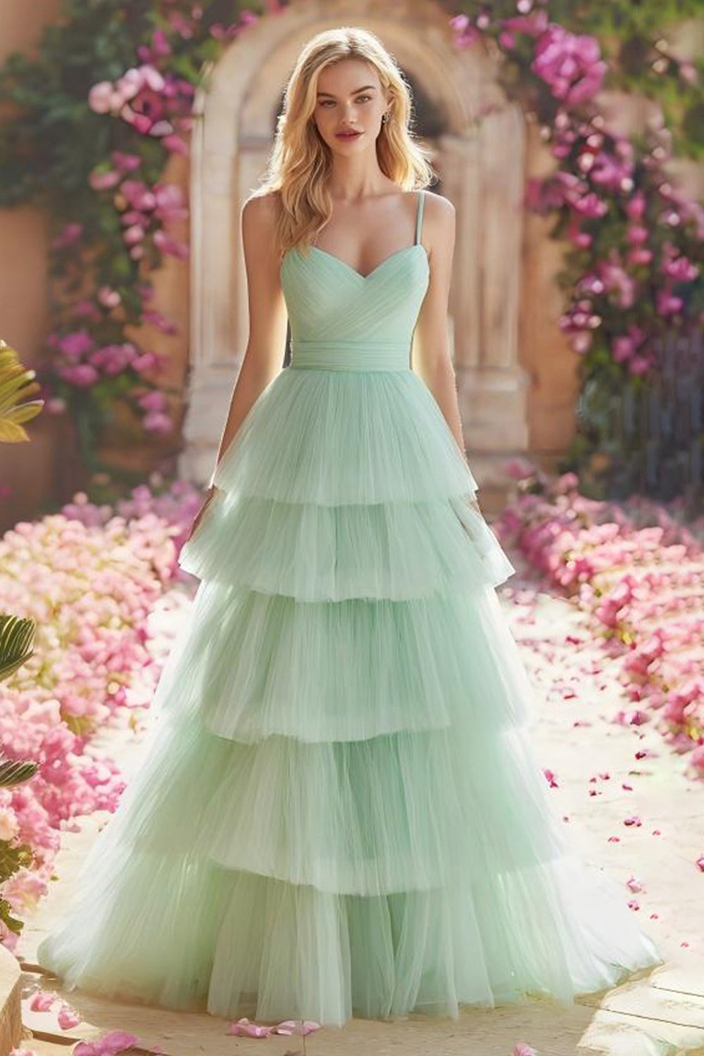 Mint Green Princess Tiered Pleated Long Ruffled Prom Dress