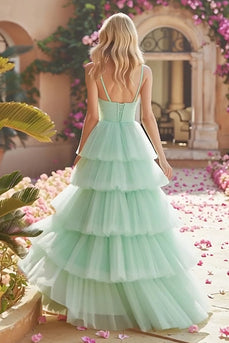 Mint Green Princess Tiered Pleated Long Ruffled Prom Dress