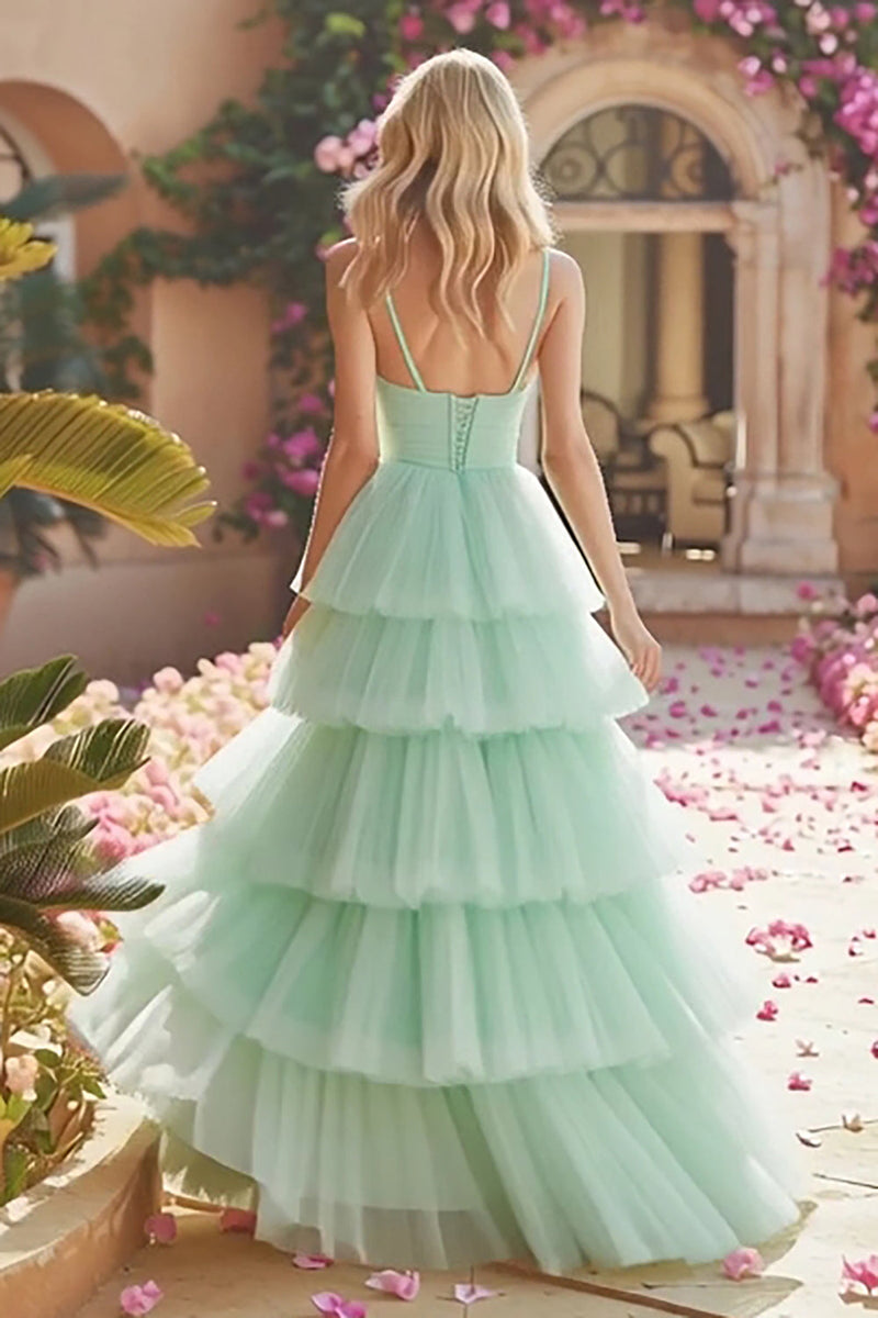 Load image into Gallery viewer, Mint Green Princess Tiered Pleated Long Ruffled Prom Dress