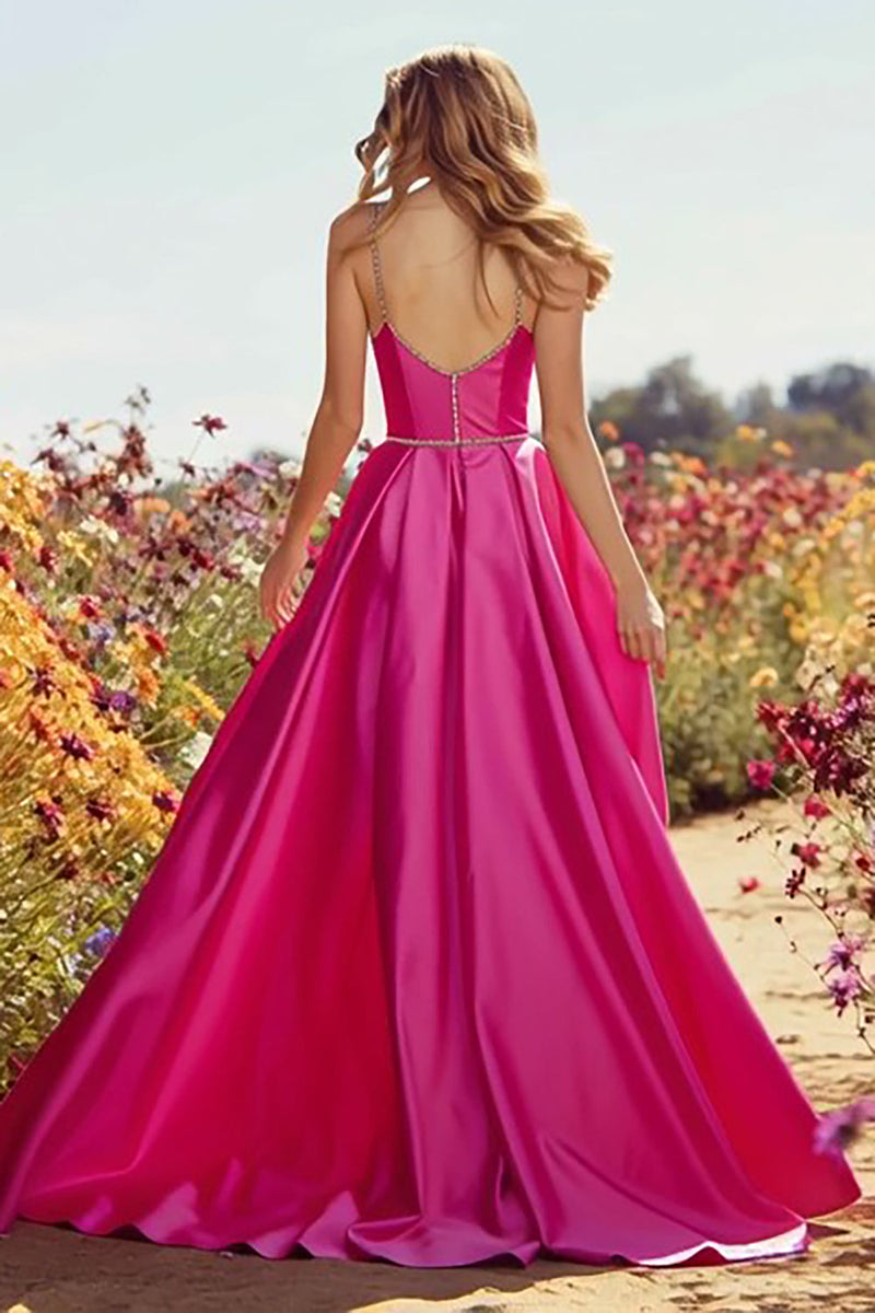 Load image into Gallery viewer, Sparkly Fuchsia Beaded A-Line Long Prom Dress with Slit