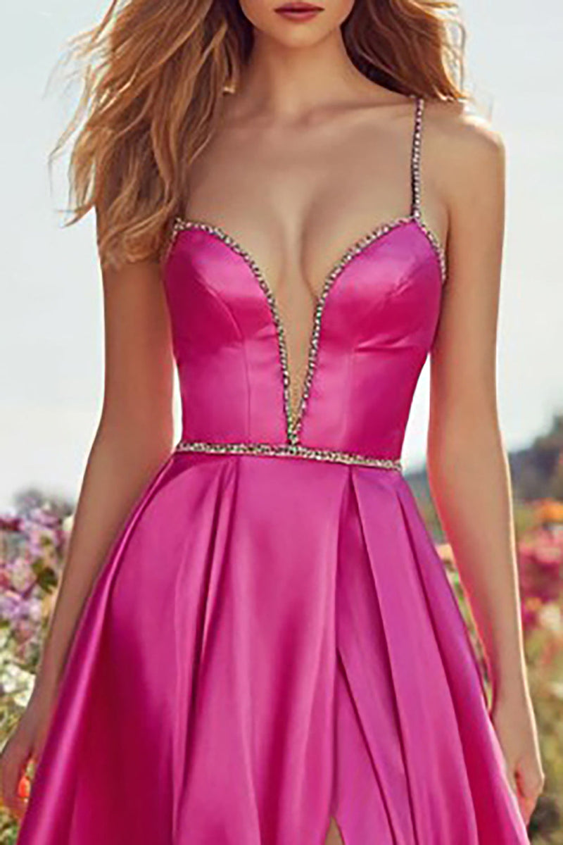 Load image into Gallery viewer, Sparkly Fuchsia Beaded A-Line Long Prom Dress with Slit