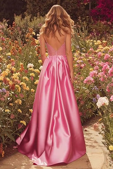 Sparkly Pink Beaded Long A-Line Prom Dress with Slit