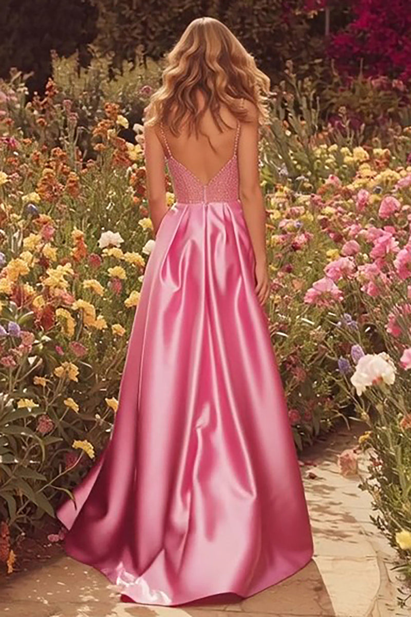 Load image into Gallery viewer, Sparkly Pink Beaded Long A-Line Prom Dress with Slit