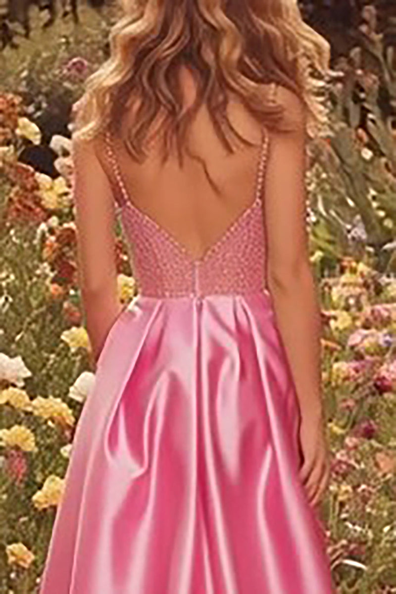 Load image into Gallery viewer, Sparkly Pink Beaded Long A-Line Prom Dress with Slit