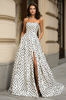 Load image into Gallery viewer, Black and White A-Line Polka Dots Long Prom Dress with Slit