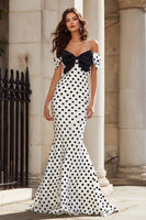 Load image into Gallery viewer, Black and White Mermaid Polka Dots Long Prom Dress with Bow
