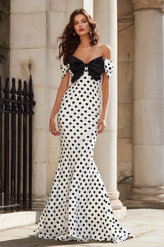 Black and White Mermaid Polka Dots Long Prom Dress with Bow