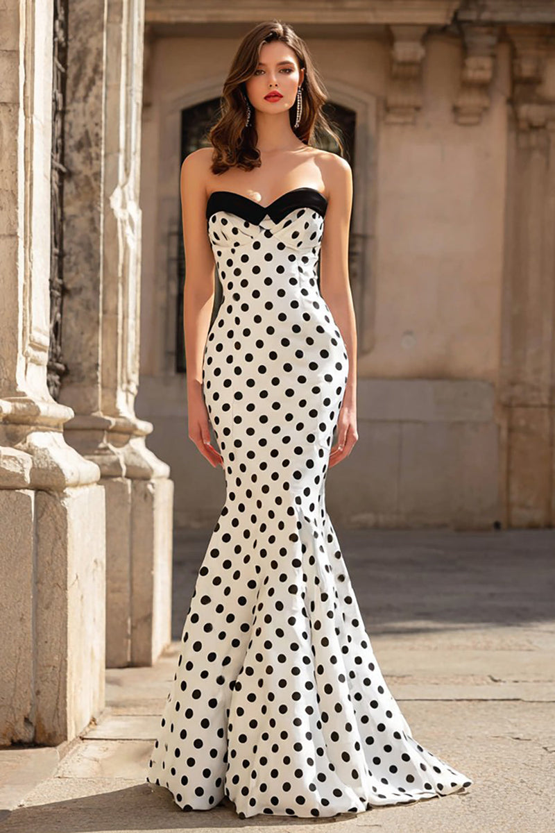 Load image into Gallery viewer, Black and White Polka Dots Strapless Mermaid Long Prom Dress