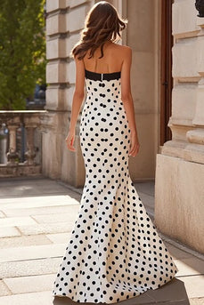 Black and White Polka Dots Strapless Mermaid Long Prom Dress