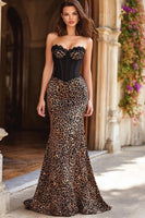 Load image into Gallery viewer, Brown Leopard Sweetheart Print Mermaid Long Corset Prom Dress with Lace