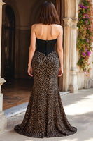 Load image into Gallery viewer, Brown Leopard Sweetheart Print Mermaid Long Corset Prom Dress with Lace