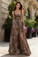 Load image into Gallery viewer, Brown Square Neck Leopard Print Long Prom Dress with Slit