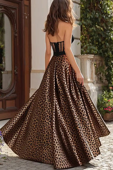 Brown Leopard Print Sweetheart Long Corset Prom Dress with Lace