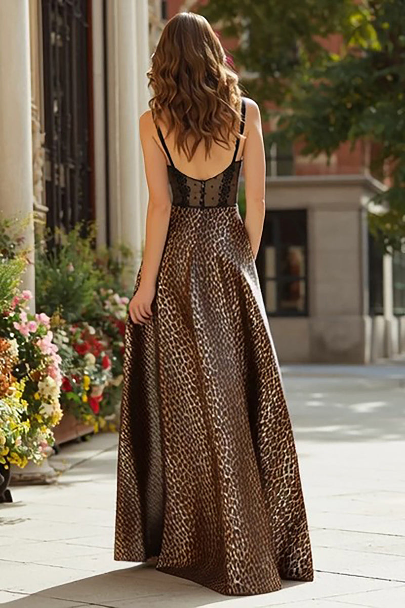 Load image into Gallery viewer, Brown Leopard Print Long Corset Prom Dress with Lace