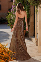 Load image into Gallery viewer, Brown Spaghetti Straps Leopard Print Long Prom Dress with Slit