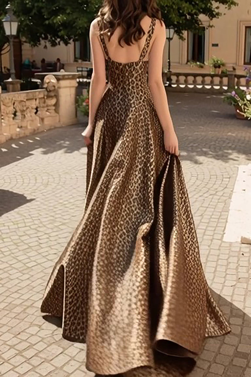 Load image into Gallery viewer, Brown Leopard Print A-Line Thick Straps Long Prom Dress