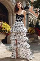 Load image into Gallery viewer, Black and White Polka Dots Sweetheart Ruffled Long Prom Dress with Slit
